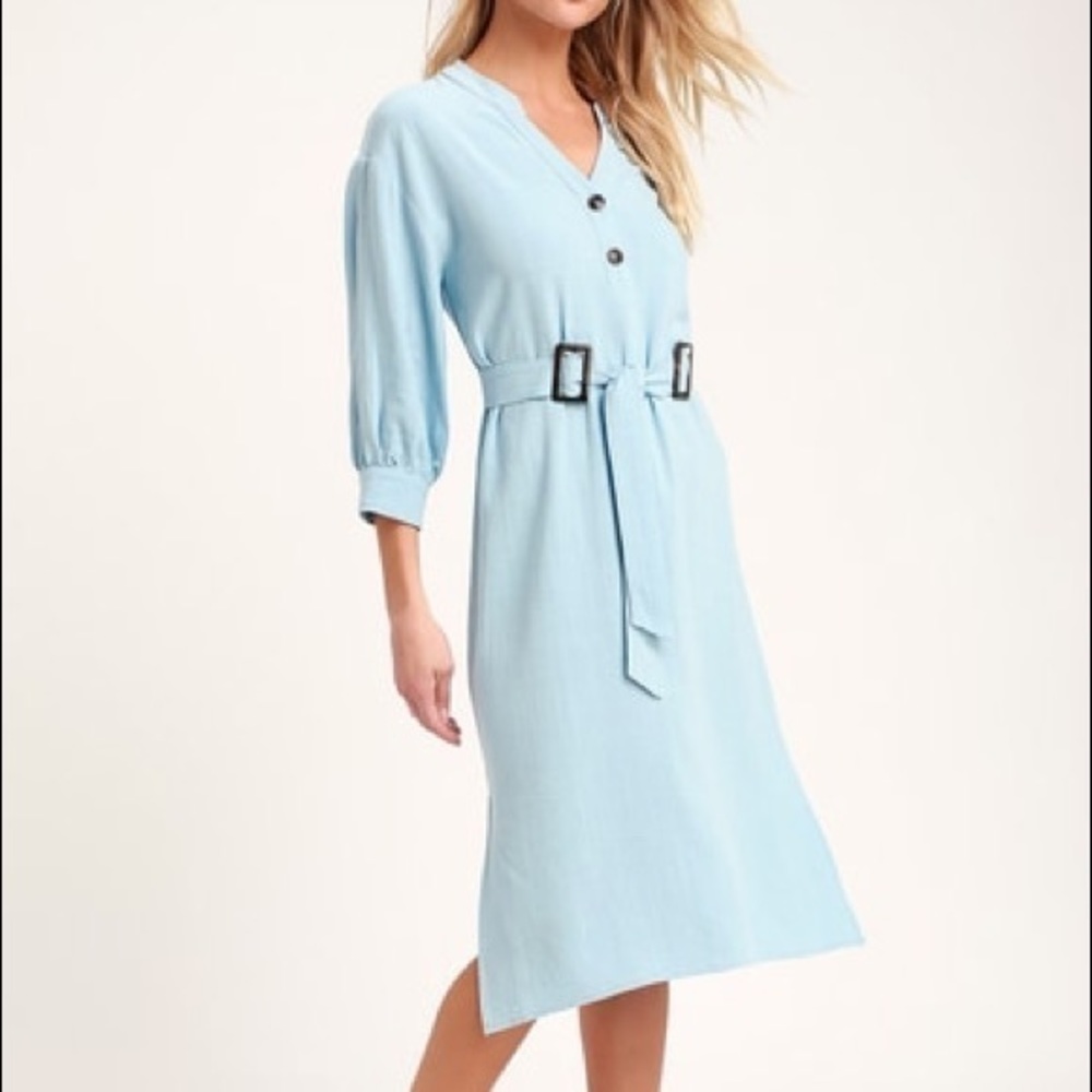 Lulus Gwendolen Light Blue Belted Midi Shift Dress